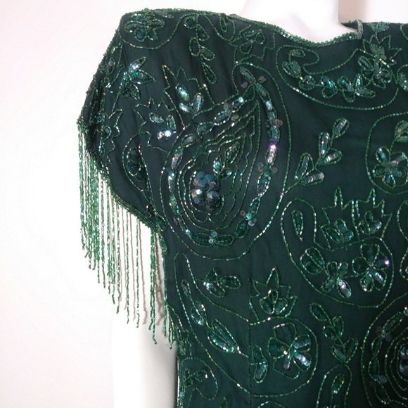 ❄️ Vintage bead flapper fringe silk emerald dress - Picture 3 of 8